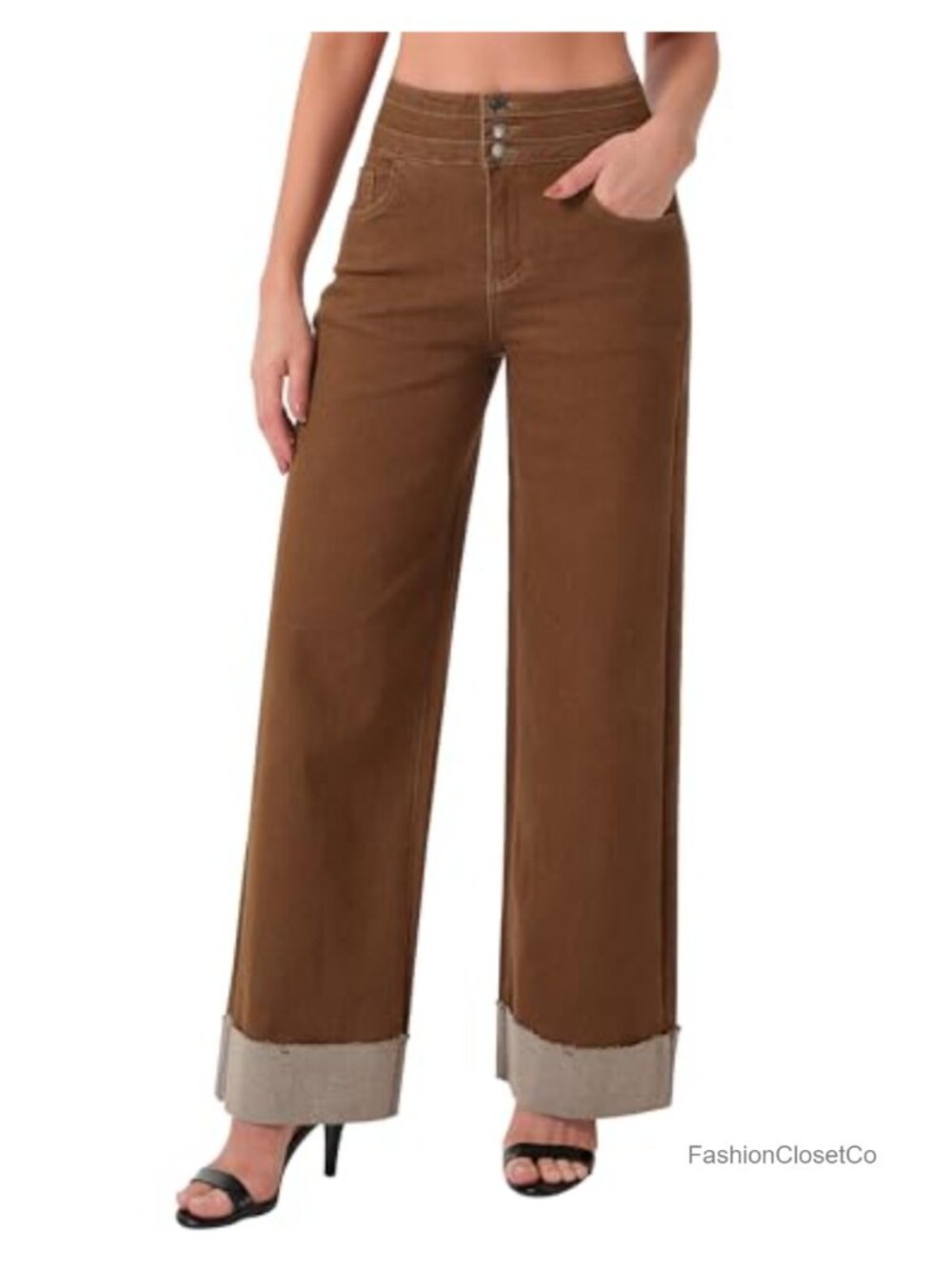 Women's High Waisted Wide Leg Jeans with Cuffed Hem, Stretchable
